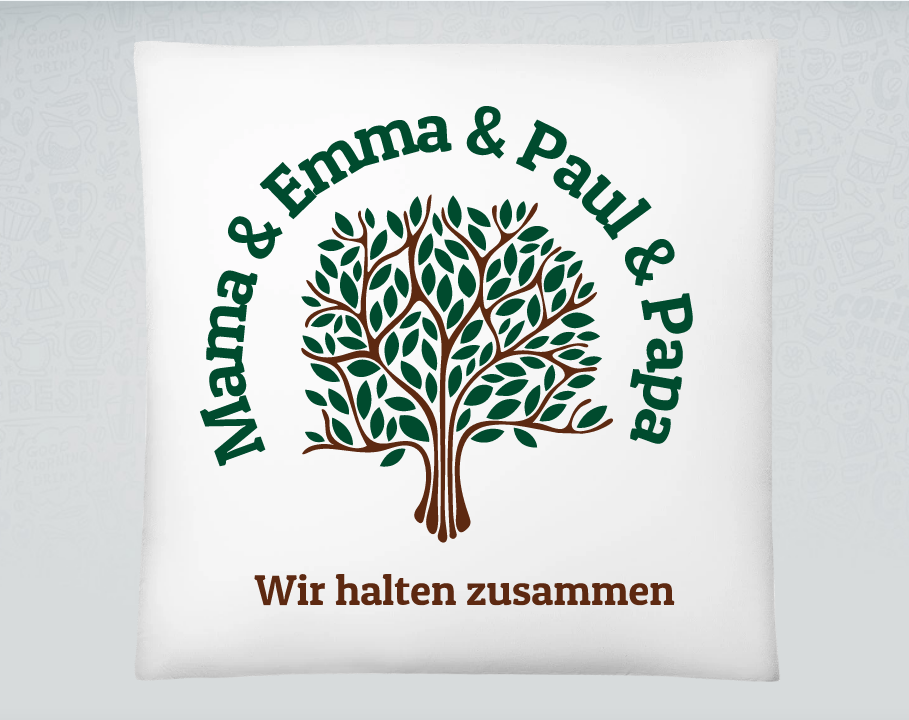 Familienkissen mit Baum-Aufdruck und Namen.