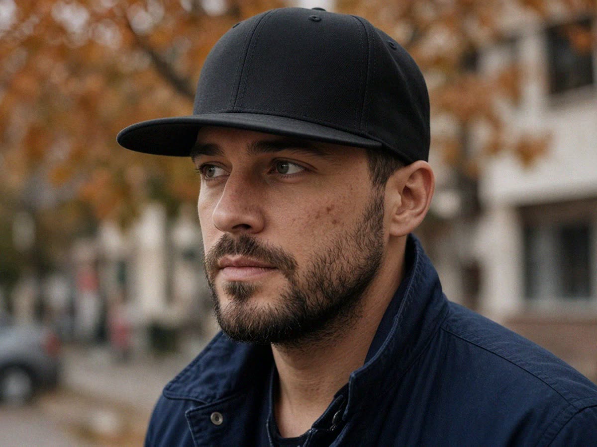 Mann mit schwarzer Snapback-Cap und Navy-Jacke, Frontpanel und Schirm klar sichtbar