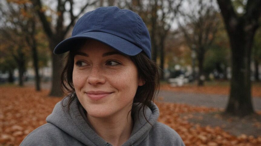 Frau mit navyblauer Baseballcap und grauem Hoodie im Herbstpark, fallende Blätter