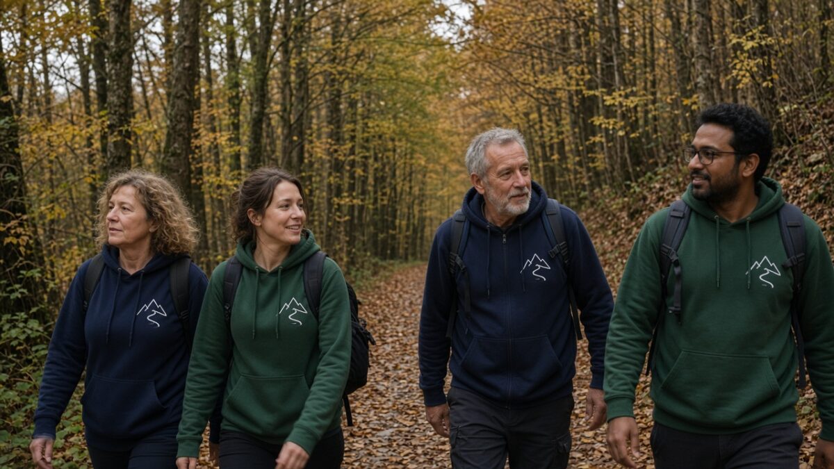 Wandergruppe in matching bedruckten Hoodies auf Herbstwald-Pfad