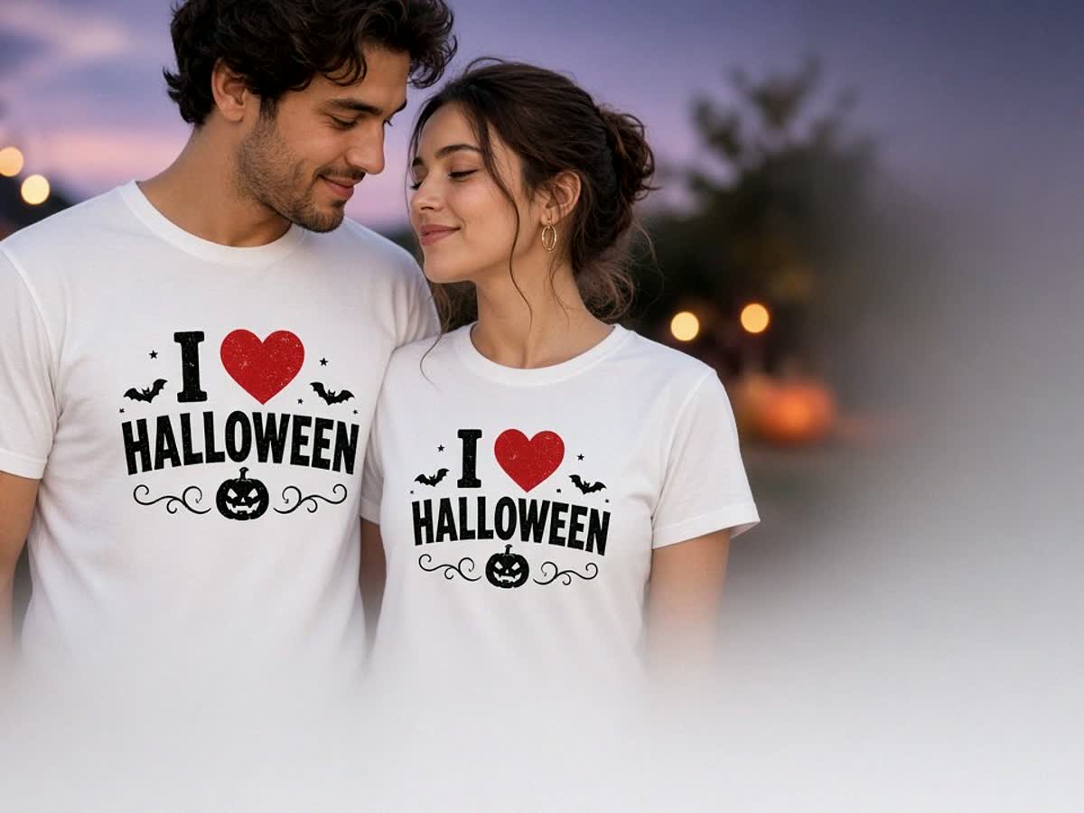 Nahaufnahme Person mit schwarzem Halloween-T-Shirt und einfachem orangem BOO-Druck, candid Licht