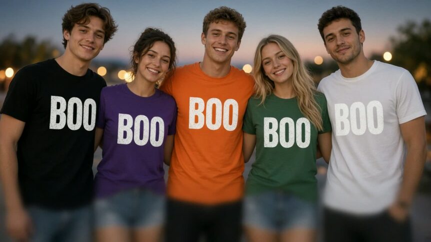 Kleine Freundesgruppe mit schwarzen Halloween-T-Shirts und orangem Krbis-Druck bei Dämmerung outdoors