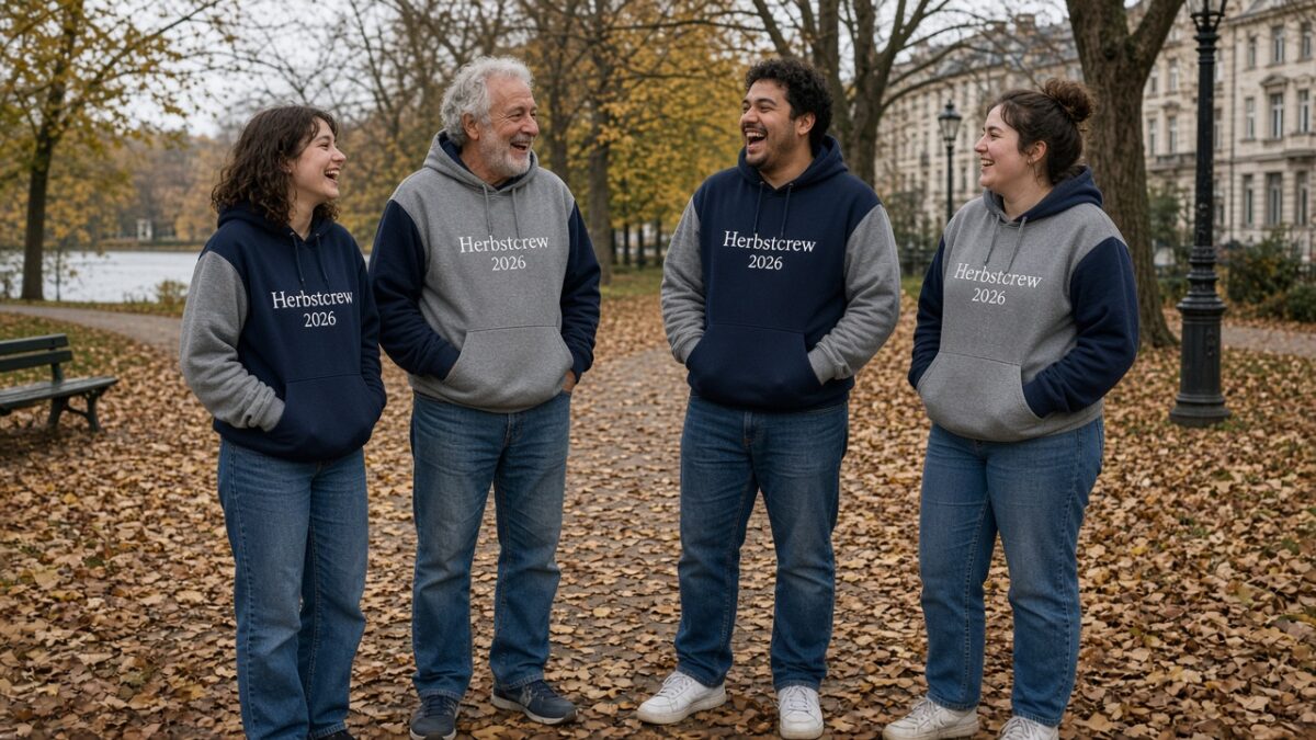 Freundesgruppe mit bedruckten Herbstcrew 2026 Hoodies im Herbstpark