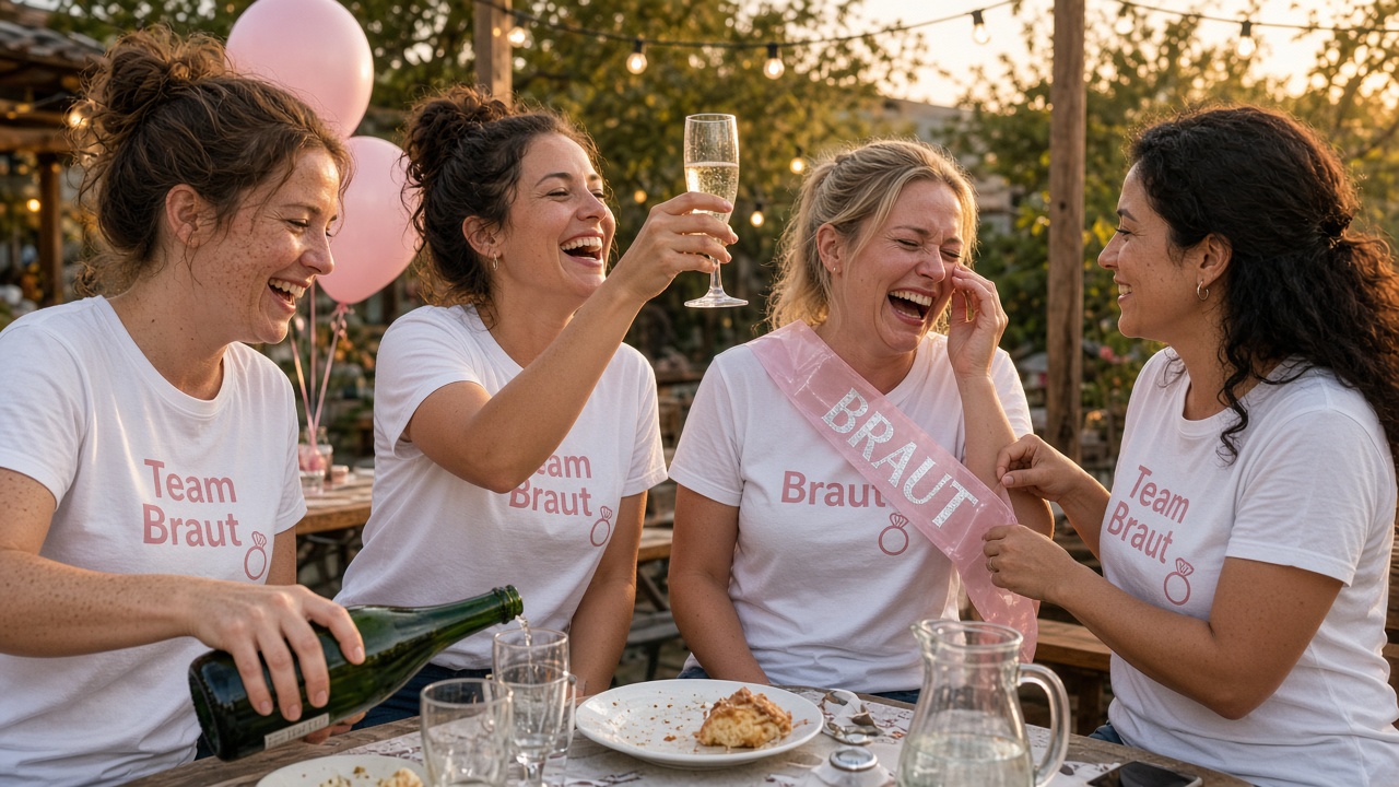 Freundesgruppe in matching JGA T-Shirts von hinten auf einer Kopfsteinpflaster-Gasse am Abend