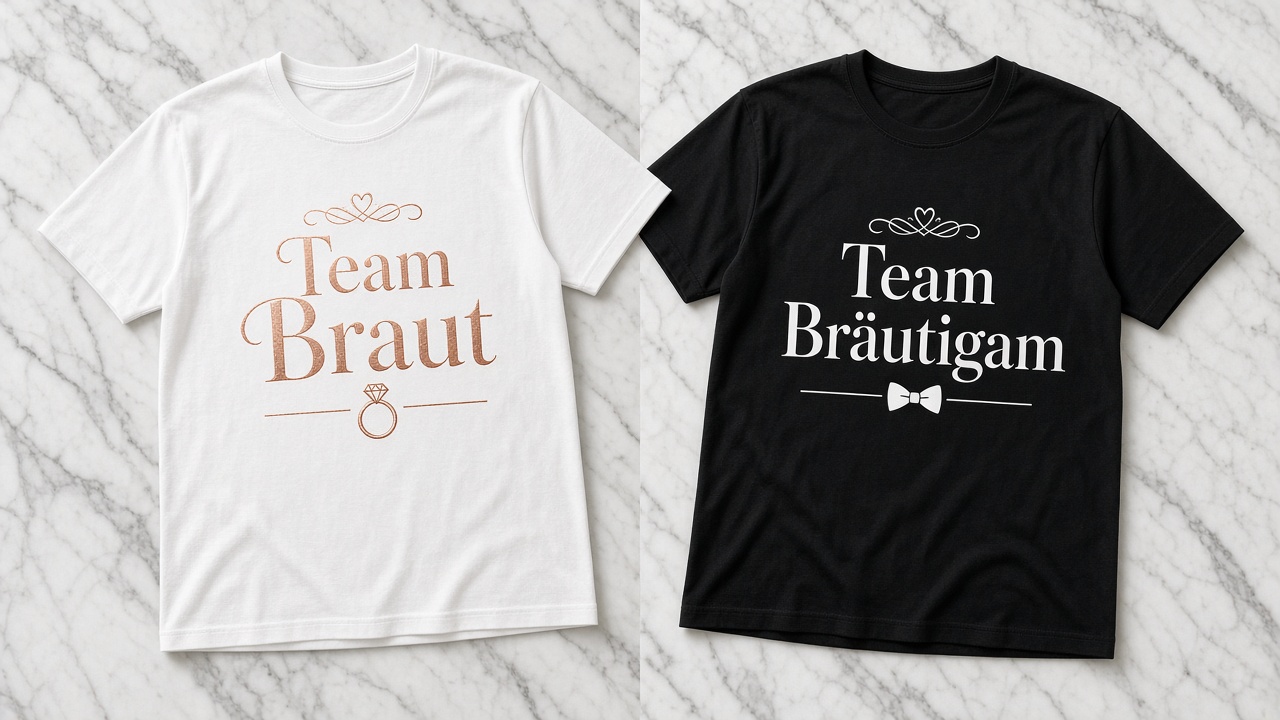 Flat-Lay Mockup schwarzes und weißes JGA T-Shirt mit Team Braut und Team Bräutigam Design