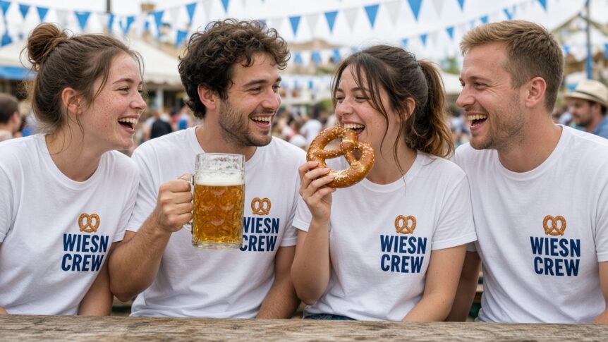 Freundesgruppe mit Wiesn Crew T-Shirts im Biergarten beim Oktoberfest
