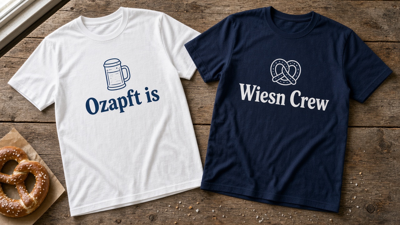 Flat-Lay: weißes Ozapft is Shirt und navy Wiesn Crew Shirt