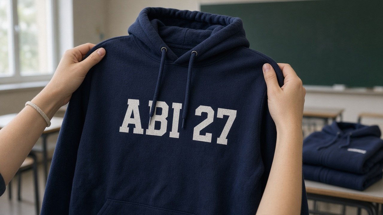 Nahaufnahme eines dunkelblauen Abi-Hoodies mit weißem Brustaufdruck ABI 27, den eine Schülerin zur Anprobe im Klassenzimmer hochhält