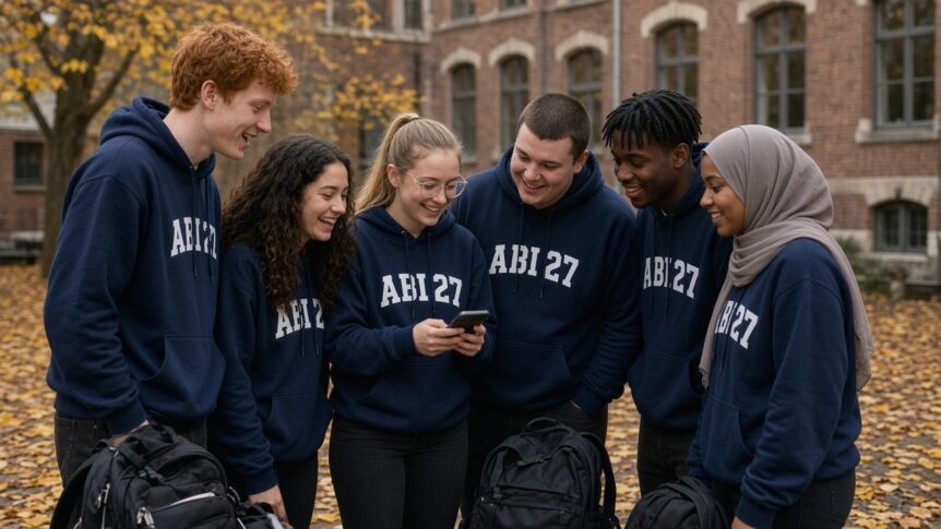 Abiturientinnen und Abiturienten in dunkelblauen Abipullis mit dem Aufdruck ABI 27 lachen gemeinsam auf dem herbstlichen Schulhof