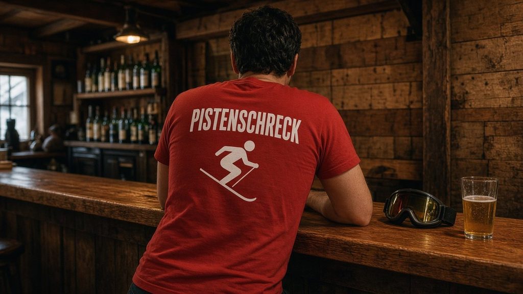 Rückendruck Pistenschreck mit Skifahrer-Symbol auf rotem T-Shirt an der Theke einer Skihütte