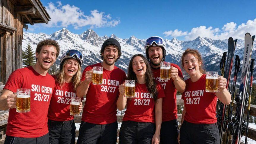 Skigruppe in passenden roten Après-Ski-Shirts mit Aufdruck Ski Crew 26/27 stößt auf der Terrasse einer Berghütte an