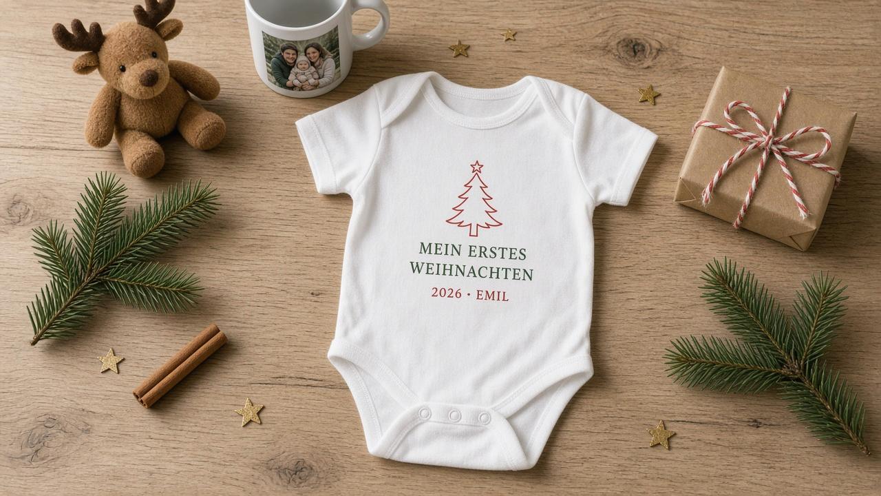 Selbst gestalteter Baby Body zu Weihnachten auf hellem Eichenholz: weißer Kurzarm-Body mit rotem Tannenbaum und dem Aufdruck MEIN ERSTES WEIHNACHTEN 2026 · EMIL, daneben ein Plüsch-Elch, eine Fototasse mit Familienfoto, Tannenzweige, Zimtstangen, ein Geschenk in Kraftpapier und goldene Sterne