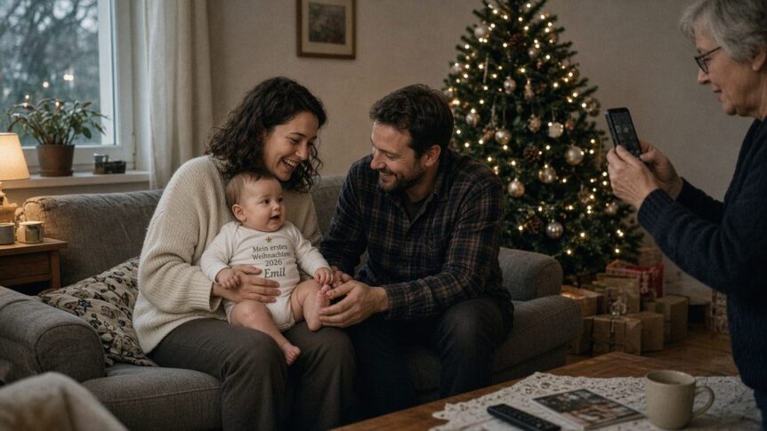 Babys erstes Weihnachten im Wohnzimmer: Eine Mutter um die 30 mit dunklen Locken hält lachend ihr Baby im weißen Langarm-Body mit Stern und dem Aufdruck Mein erstes Weihnachten 2026 Emil, der Vater mit Bart im karierten Flanellhemd hält das Füßchen, die Oma fotografiert mit dem Smartphone, dahinter ein beleuchteter Weihnachtsbaum mit Geschenken
