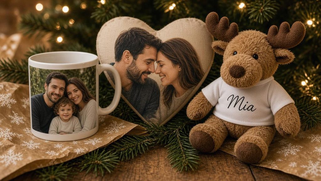Nahaufnahme von Fototasse, Herzkissen mit Familienfoto und Kuscheltier-Elch mit bedrucktem Shirt unter dem Weihnachtsbaum