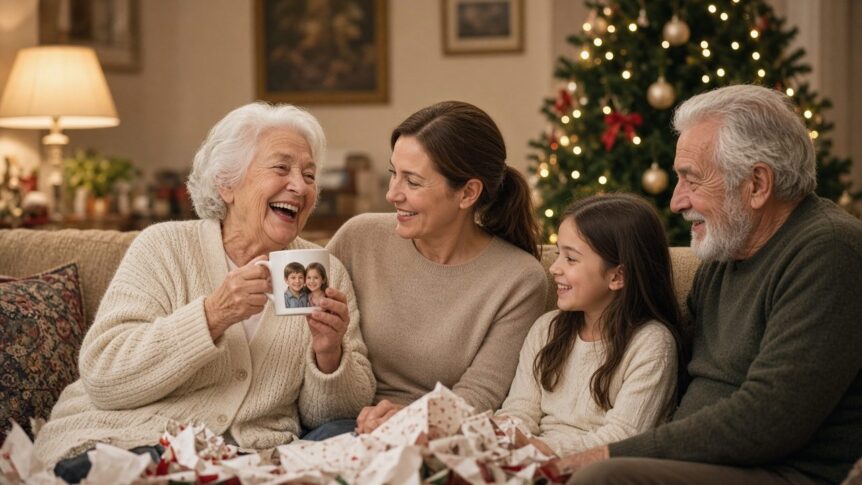 Großmutter packt am Weihnachtsabend eine Fototasse mit Enkelfoto aus, Familie schaut lachend zu