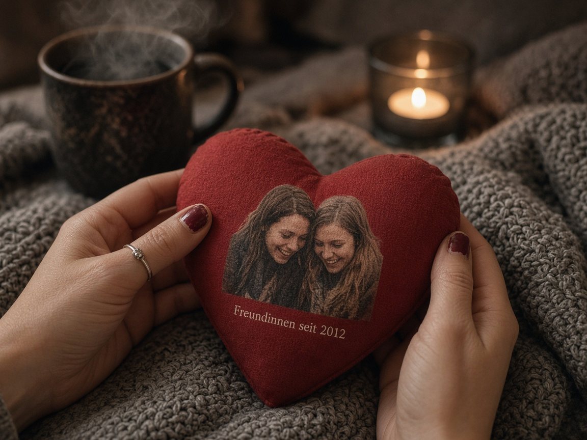 Geschenk für die beste Freundin selbst gestaltet: Zwei Hände halten ein rotes Herzkissen mit dem Foto zweier lächelnder Freundinnen und dem Aufdruck „Freundinnen seit 2012“ auf einer grauen Strickdecke, im Hintergrund eine dampfende Tasse und ein brennendes Teelicht
