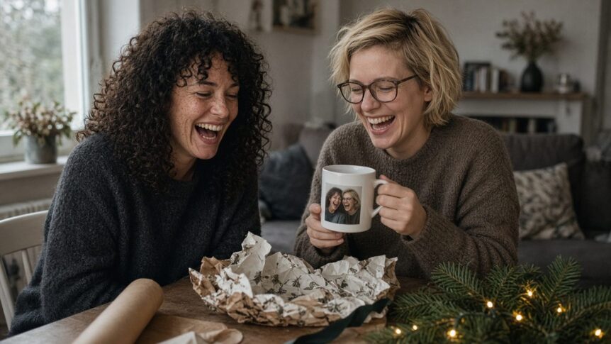 Beste Freundin Geschenk selbst gestalten zu Weihnachten: Zwei lachende Freundinnen um die dreißig sitzen an einem Holztisch in einer gemütlichen Wohnung – die eine mit dunklen Locken im grauen Strickpulli, die andere mit kurzen blonden Haaren und Brille hält eine Fototasse mit einem gemeinsamen Foto der beiden, davor ausgepacktes Geschenkpapier und Tannenzweige mit Lichterkette