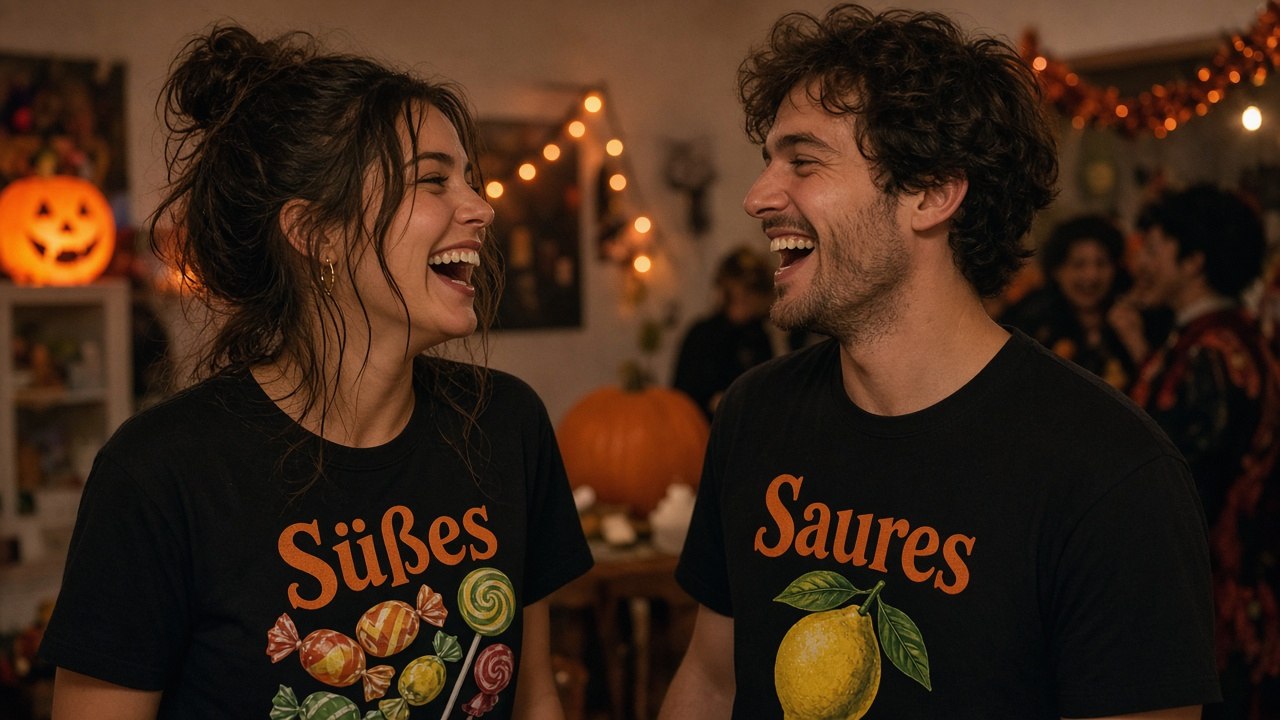 Paar in passenden Halloween-Shirts mit den Aufschriften Süßes und Saures lacht auf einer Party