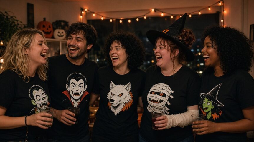 Freundesgruppe in schwarzen Halloween-Kostüm-Shirts mit unterschiedlichen Monster-Motiven und Hexenhut auf einer WG-Party