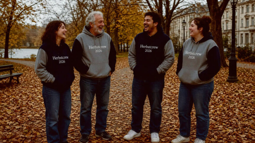 Freundesgruppe mit bedruckten dunklen Hoodies outdoors an einem kühlen Herbstabend, candid Gruppenfoto