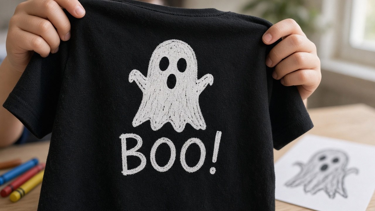 Nahaufnahme eines schwarzen Kinder-T-Shirts mit selbst gemaltem Gespenst und dem Schriftzug BOO! in Kinderhänden