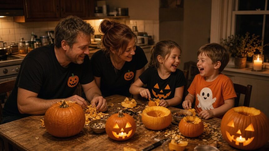 Familie mit zwei Kindern in selbst gestalteten Halloween-T-Shirts mit Kürbis- und Gespenstmotiv beim Kürbisschnitzen am Küchentisch
