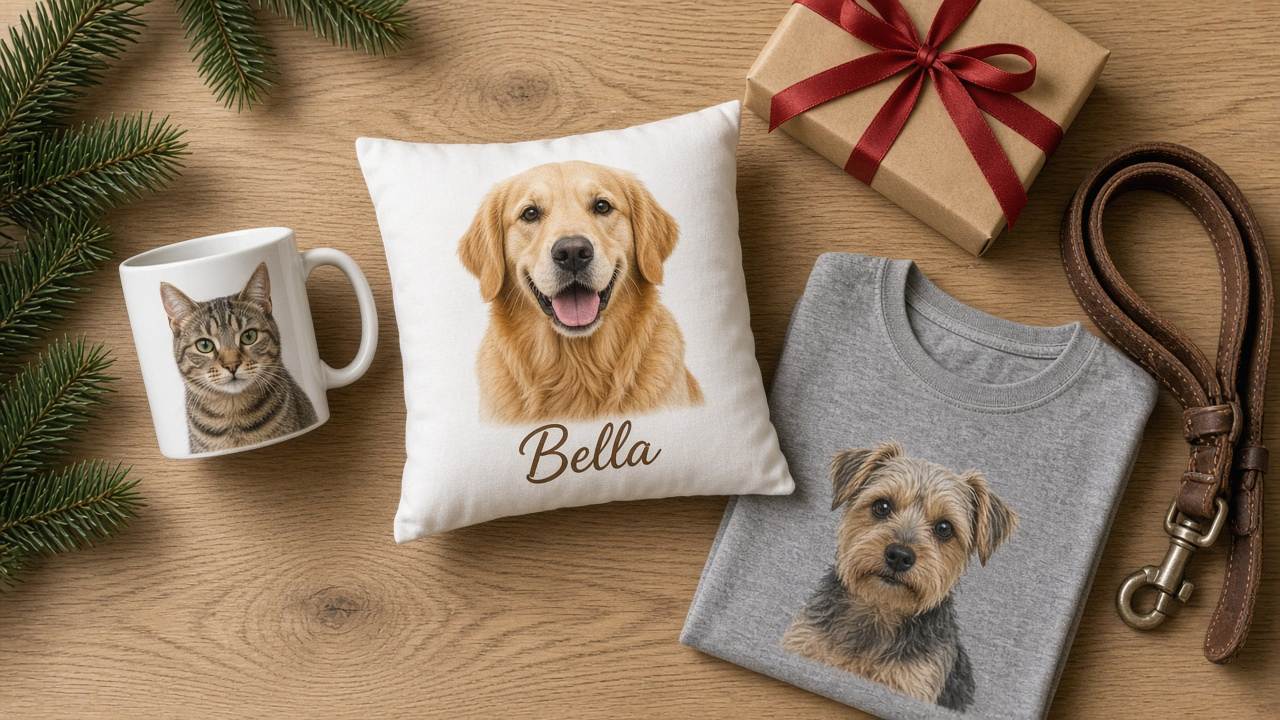 Selbst gestaltete Haustier-Geschenke auf hellem Holztisch: weiße Fototasse mit dem Porträt einer getigerten Katze, quadratisches Kissen mit Golden-Retriever-Foto und dem Namen Bella, gefaltetes graues T-Shirt mit Hundeporträt, dazu Tannenzweige, ein Geschenk in Kraftpapier mit rotem Band und eine Hundeleine