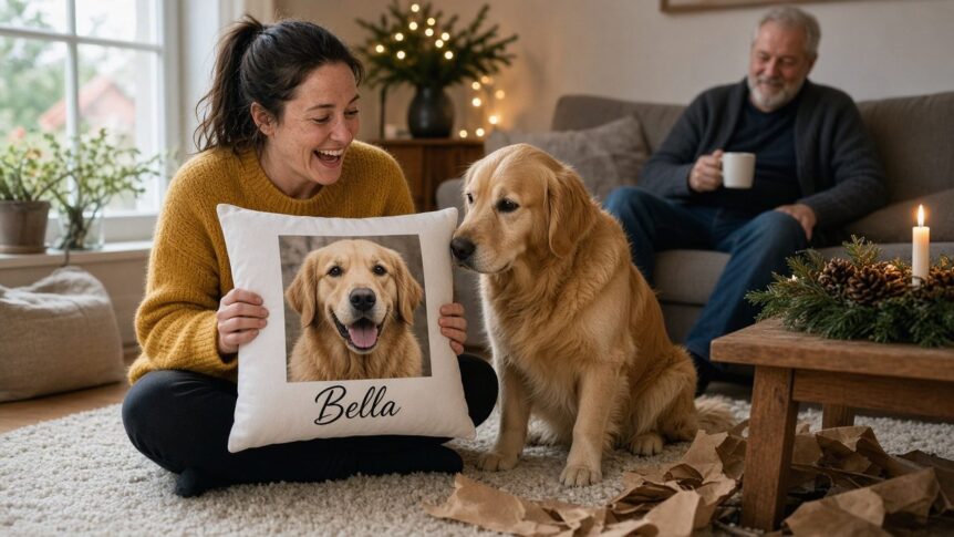Haustier Geschenk zu Weihnachten im Wohnzimmer: Eine Frau um die 35 mit dunklem Pferdeschwanz und Sommersprossen sitzt lachend auf dem Teppich und hält ein Kissen mit dem Foto ihres Golden Retrievers und dem Namen Bella hoch, die Hündin schnuppert daran, dahinter ein älterer Mann mit grauem Bart mit Tasse, Adventskranz und Lichterkette