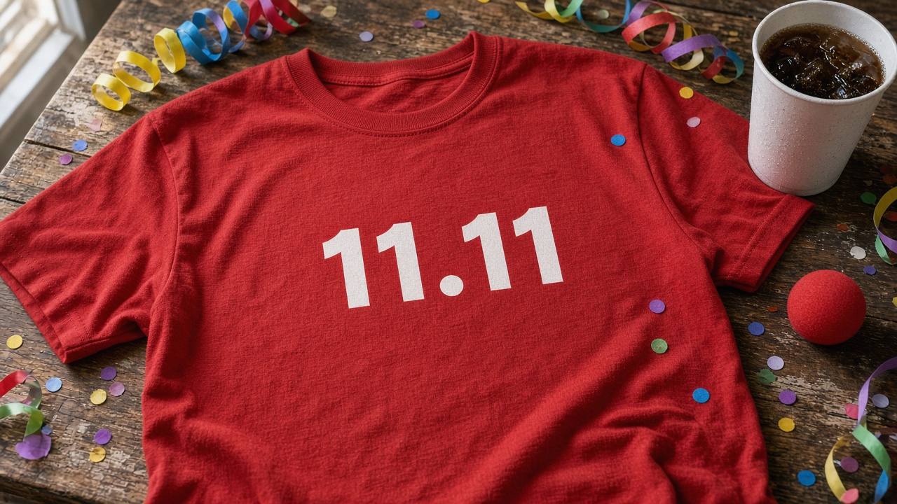 Rotes T-Shirt mit weißem Aufdruck 11.11 flach auf Holztisch neben Luftschlangen, Konfetti, Clownsnase und einem kalten Getränkebecher