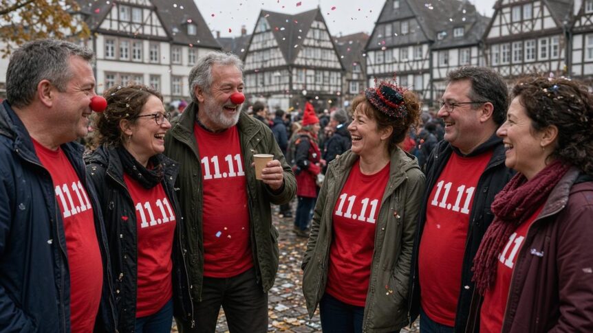 Erwachsene Freunde in roten T-Shirts mit weißem Aufdruck 11.11 über Langarmshirts und offenen Jacken bei der Sessionseröffnung in einer deutschen Altstadt, mit Konfetti im grauen Novemberlicht