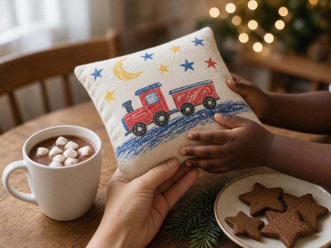 Kinder Geschenk selbst gestalten mit Kinderzeichnung: Kleine Kinderhände mit dunkler Haut und eine Erwachsenenhand halten ein weißes quadratisches Kissen, bedruckt mit einer Buntstiftzeichnung von einem roten Zug unter gelber Mondsichel und bunten Sternen, daneben auf einem Holztisch eine weiße Tasse Kakao mit Marshmallows, ein Teller mit sternförmigen Lebkuchen und ein Tannenzweig, im Hintergrund unscharfe Lichter einer Lichterkette