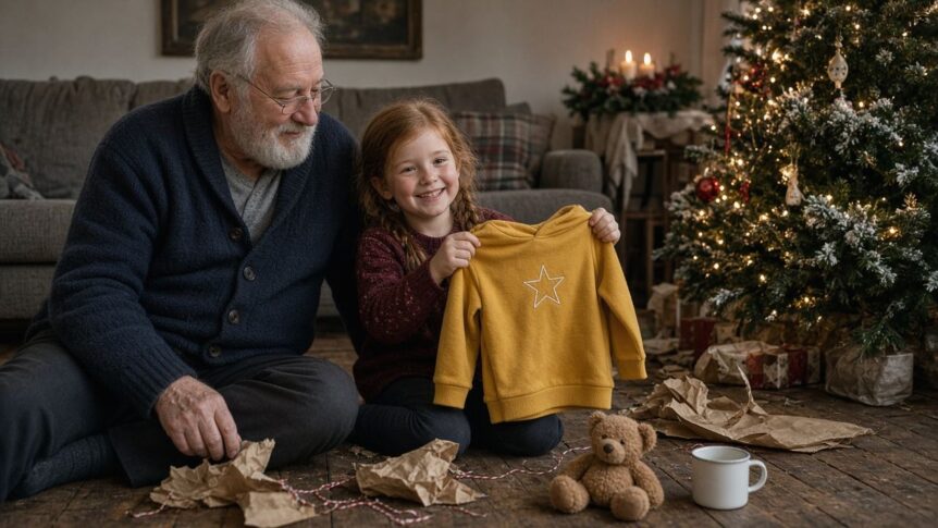 Kinder Geschenk selbst gestalten zu Weihnachten: Ein Großvater Anfang siebzig mit grauem Bart, randloser Brille und dunkelblauer Strickjacke sitzt auf einem alten Holzboden neben einem geschmückten, wie verschneit wirkenden Weihnachtsbaum, seine etwa sechsjährige Enkelin mit rotbraunen Zöpfen und bordeauxrotem Pullover strahlt und hält einen senfgelben Kinderpullover mit weißem Sterndruck hoch, davor zerknülltes Packpapier mit rot-weißer Bäckerkordel, ein kleiner Teddybär und eine weiße Tasse, unter dem Baum verpackte Geschenke, im Hintergrund ein graues Sofa mit kariertem Kissen und ein Adventsgesteck mit brennenden Kerzen