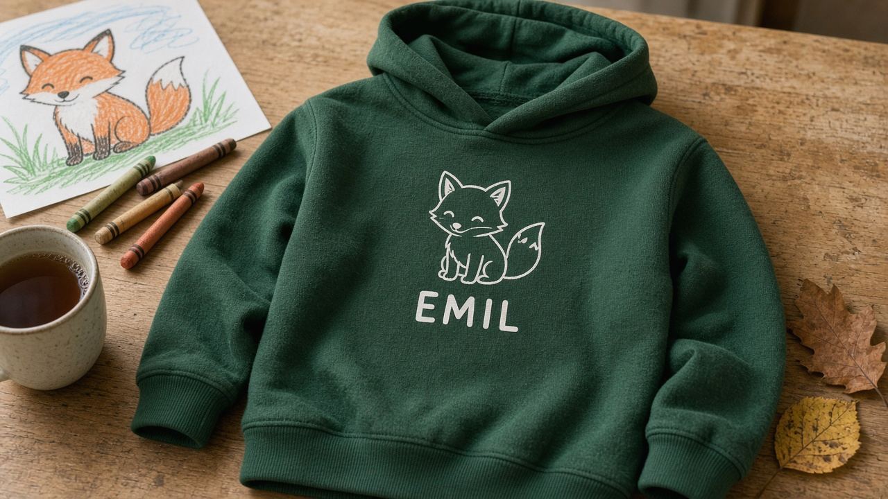 Waldgrüner Kinder-Hoodie mit weißem Fuchs-Aufdruck und dem Namen EMIL auf einem Holztisch neben einer Kinderzeichnung und Wachsmalstiften