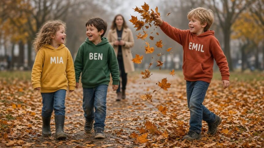 Drei Kinder in selbst gestalteten Kinder-Hoodies in Senfgelb, Waldgrün und Rostrot mit den Namen MIA, BEN und EMIL auf der Brust laufen über einen herbstlichen Parkweg