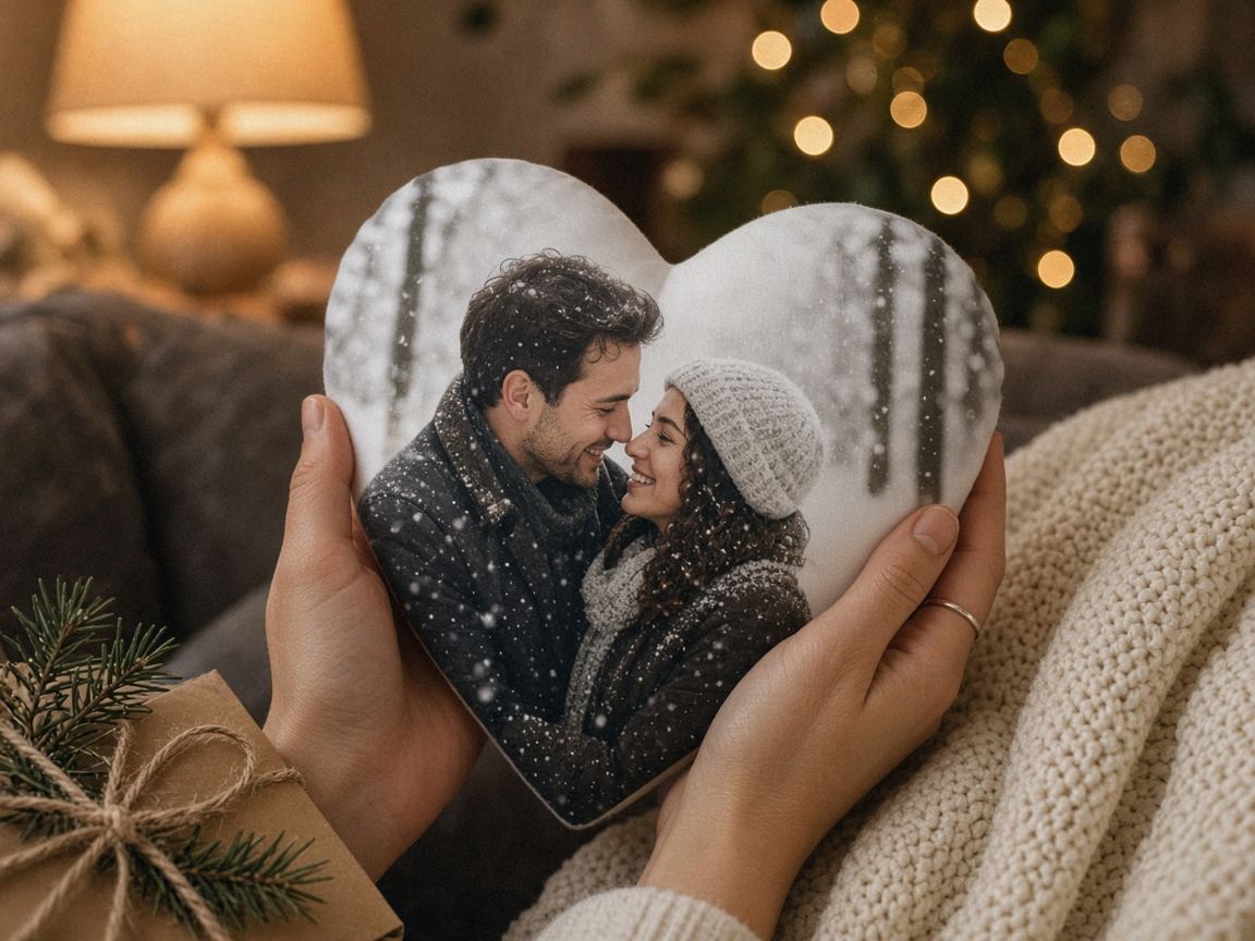Kissen selbst gestalten mit Paarfoto: Zwei Hände, eine davon mit schmalem Silberring, halten ein weißes Herzkissen mit dem Foto eines lächelnden Paares in Wintermänteln und Strickmütze im verschneiten Wald, daneben eine cremefarbene Strickdecke und ein Geschenk in Packpapier mit Kordel und Tannenzweigen, im Hintergrund eine warme Lampe und unscharfe Lichter eines Weihnachtsbaums
