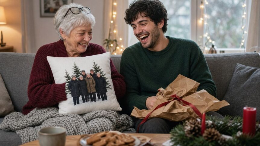 Kissen selbst gestalten als Weihnachtsgeschenk: Lachende Frau Ende sechzig mit kurzem silbernem Haar, hochgeschobener Brille und bordeauxroter Strickjacke umarmt auf einem grauen Sofa ein quadratisches weißes Fotokissen mit dem Familienfoto von sechs Personen in Winterkleidung vor verschneiten Tannen, neben ihr lacht ein junger Mann mit dunklen Locken und Dreitagebart im tannengrünen Pullover und hält zerknülltes Packpapier mit roter Schleife, davor eine Strickdecke, Lebkuchen auf einem Teller, eine Tasse und ein Adventsgesteck mit roter Kerze und Tannenzapfen, im Hintergrund ein Fenster mit Lichterkette