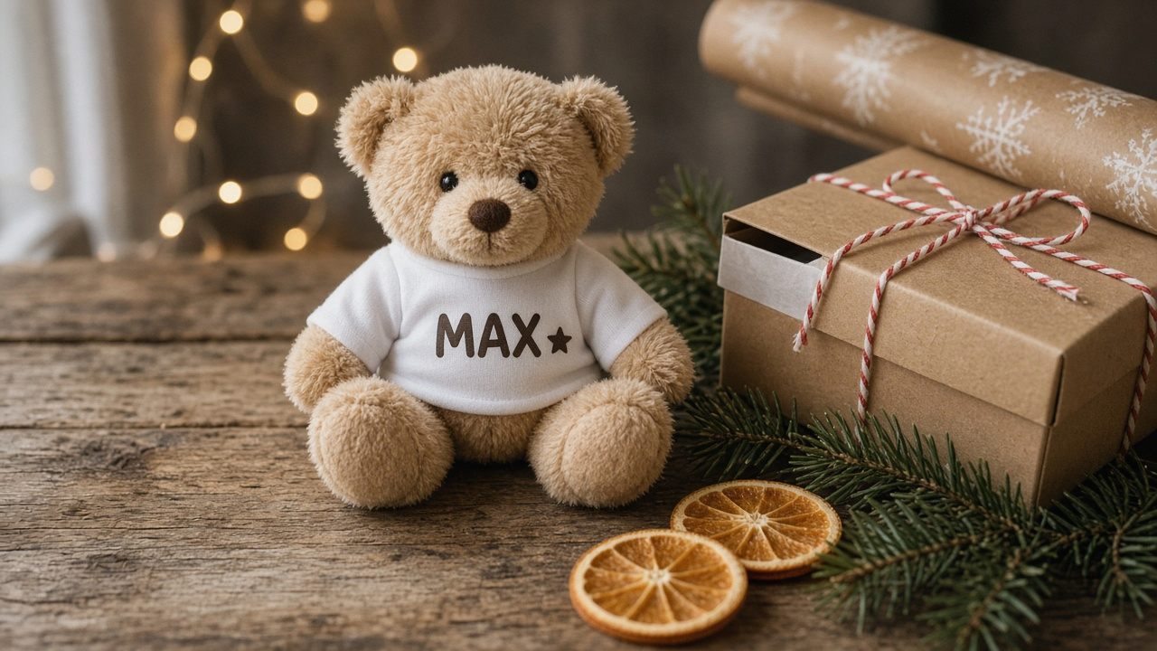 Kleiner hellbrauner Plüsch-Teddy mit weißem T-Shirt, auf dem ein kurzer Vorname und ein kleiner Stern gedruckt sind, sitzt auf einem rustikalen Holztisch neben einem halb geöffneten Geschenk in Kraftpapier mit rot-weißer Kordel, einer Rolle Geschenkpapier, Tannenzweigen und getrockneten Orangenscheiben vor warm verschwommener Lichterkette
