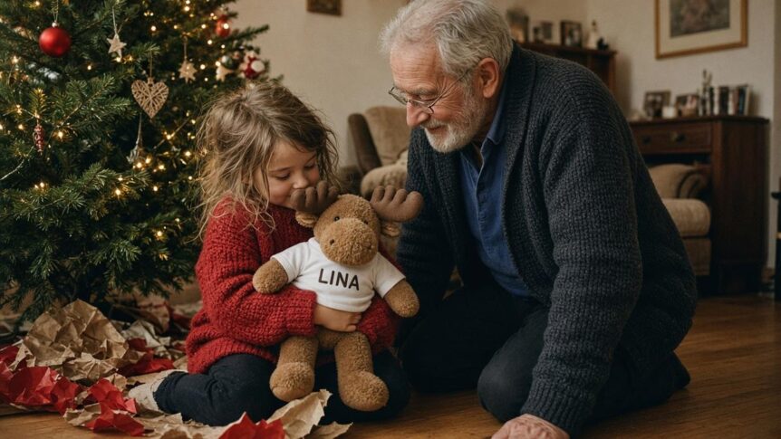 Kuscheltier selbst gestalten als Weihnachtsgeschenk: Ein etwa fünfjähriges Mädchen mit hellbraunen Haaren im roten Strickpulli sitzt am Heiligabend vor dem geschmückten Weihnachtsbaum und drückt einen Plüsch-Elch mit weißem T-Shirt und seinem aufgedruckten Namen an sich, daneben kniet lächelnd ihr Großvater mit grauem Bart und Brille, ringsum zerrissenes Geschenkpapier
