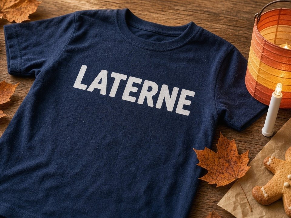 Dunkelblaues Kinder-T-Shirt mit weißem Aufdruck LATERNE flach auf Holztisch neben einer gebastelten Papierlaterne mit LED-Stab, Herbstlaub und einem kleinen Weckmann
