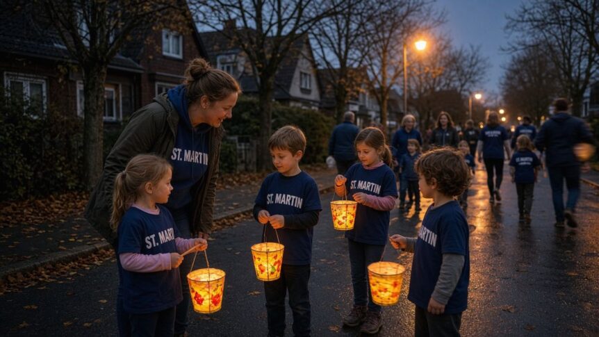 Eltern und Kinder in dunkelblauen T-Shirts und Hoodies mit weißem Aufdruck ST. MARTIN beim abendlichen Laternenumzug in einer deutschen Wohnstraße; Kinder tragen leuchtende Papierlaternen, warmes Laternenlicht in der Novemberdämmerung