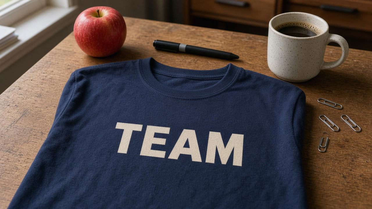 Navy-T-Shirt mit cremefarbenem Aufdruck TEAM flach auf Lehrerzimmer-Tisch neben Apfel, Marker und Kaffeetasse