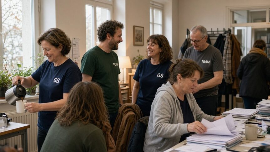 Gemischtes Kollegium in navy- und grünen T-Shirts mit Aufdrucken TEAM und GS im Lehrerzimmer; niemand schaut in die Kamera