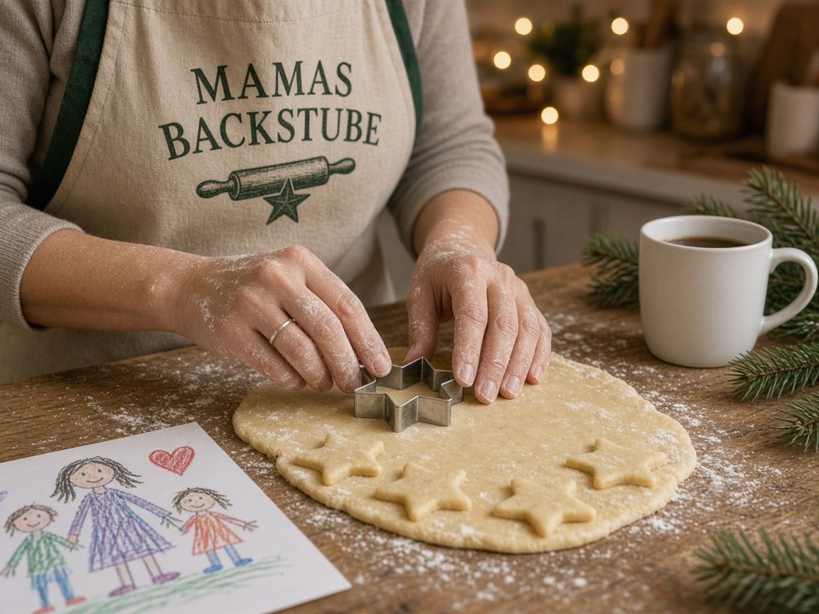 Geschenk für Mama selbst gestaltet: Mehlbestäubte Frauenhände mit schmalem Silberring drücken eine Stern-Ausstechform in ausgerollten Plätzchenteig auf einem Holztisch, die Frau trägt eine beige Latzschürze mit dunkelgrünen Trägern und dem dunkelgrünen Aufdruck „MAMAS BACKSTUBE“ mit Nudelholz und Stern, daneben ausgestochene Sternplätzchen, eine weiße Tasse Kaffee, Tannenzweige und eine Buntstift-Kinderzeichnung einer Mutter mit zwei Kindern und rotem Herz vor unscharfer Lichterkette