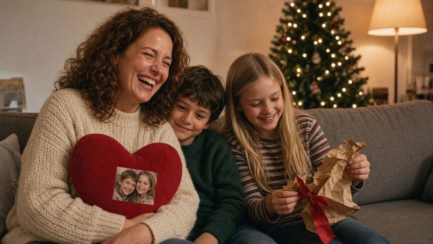 Mama Geschenk selbst gestalten zu Weihnachten: Lachende Mutter Ende dreißig mit schulterlangen, lockigen rotbraunen Haaren und Sommersprossen im cremefarbenen Zopfstrickpullover sitzt an Heiligabend auf einem grauen Sofa und drückt ein rotes Herzkissen mit dem Foto ihrer zwei Kinder an sich, ein dunkelhaariger Junge im grünen Pullover lehnt an ihrer Schulter, ein Mädchen mit langen blonden Haaren im gestreiften Pullover packt zerknülltes Packpapier mit roter Schleife aus, im Hintergrund ein leuchtender Weihnachtsbaum mit Lichterkette und eine Stehlampe