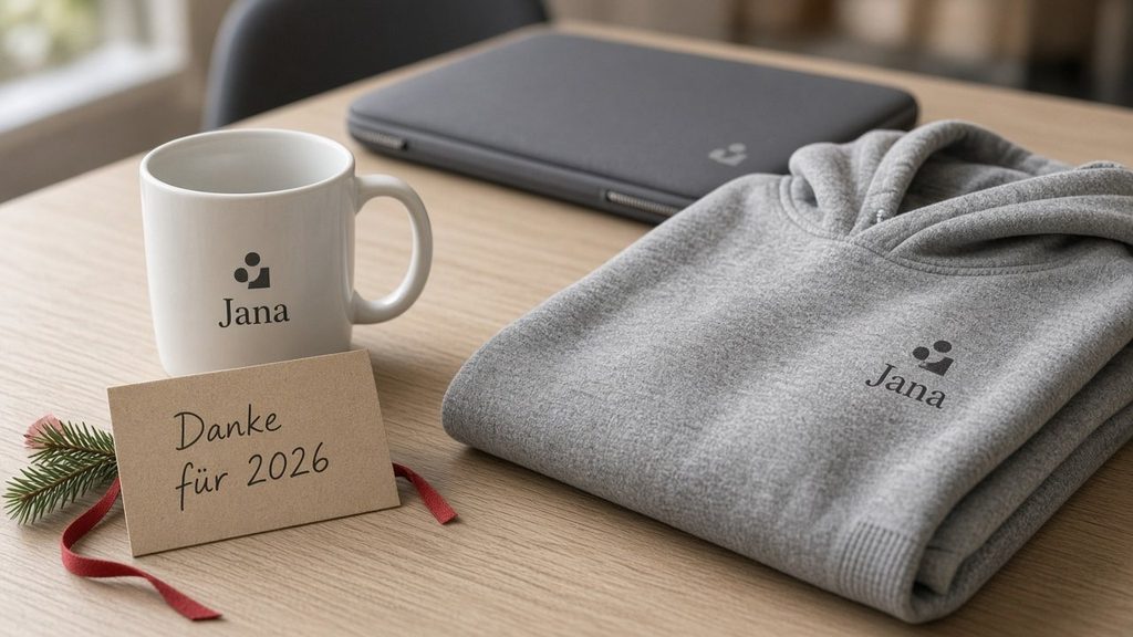 Nahaufnahme von bedruckter Tasse mit Namen, gefaltetem Hoodie und Laptop-Sleeve als Mitarbeitergeschenk-Set auf einem Schreibtisch