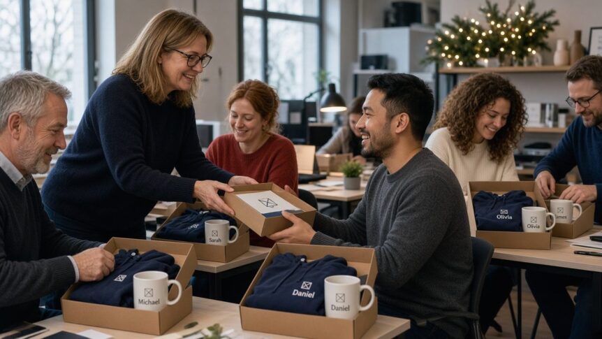 Teamleiterin überreicht Kolleginnen und Kollegen im Büro weihnachtlich verpackte Mitarbeitergeschenke mit bedruckten Tassen und Hoodies