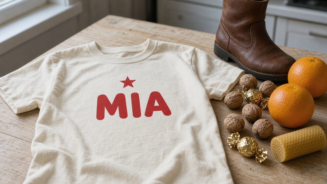 Cremeweißes Kinder-T-Shirt mit rotem Aufdruck MIA und kleinem Stern neben Nikolausstiefel, Orangen und Nüssen auf Holztisch
