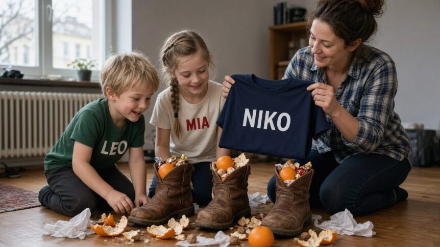Familie mit Kindern in Nikolaus-Shirts mit den Aufdrucken MIA und LEO kniet neben gefüllten Nikolausstiefeln; Mutter hält ein navy Shirt mit NIKO