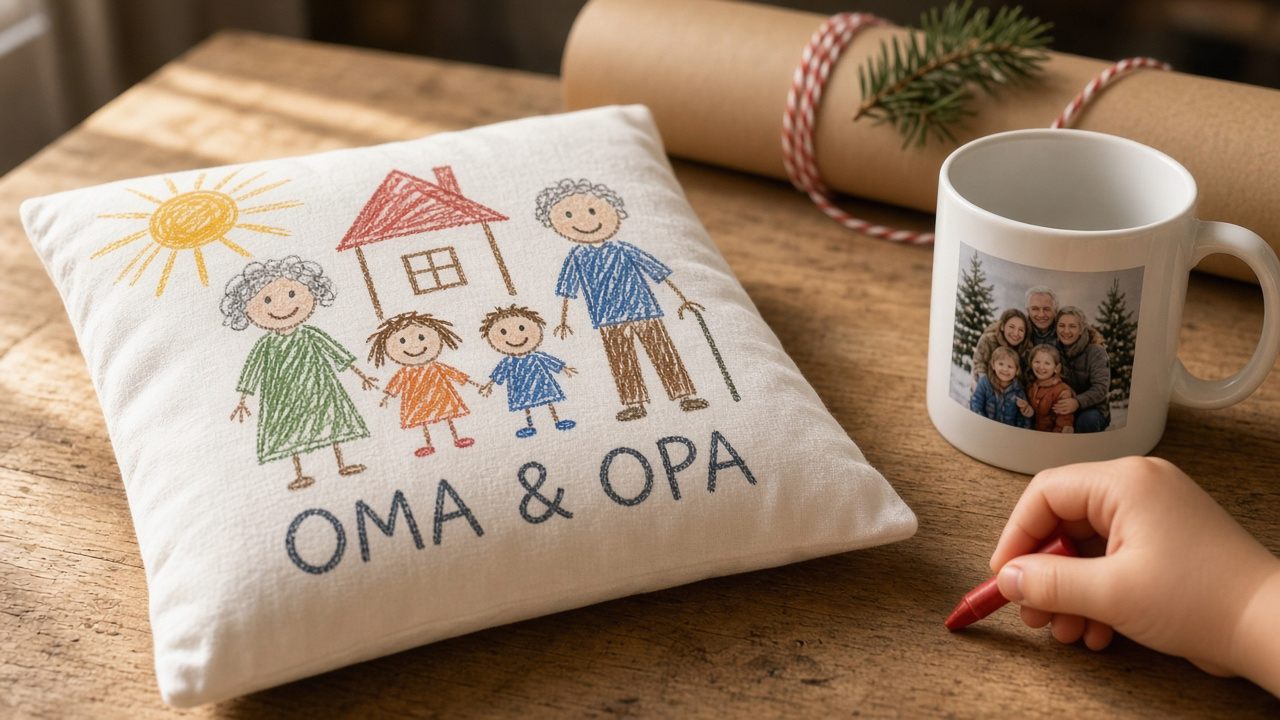 Weißes quadratisches Kissen mit bunter Kinderzeichnung einer Familie und dem Schriftzug OMA & OPA auf einem Holztisch, daneben eine weiße Fototasse mit Familienfoto, eine Rolle Kraftpapier mit Tannenzweig und eine Kinderhand mit rotem Wachsmalstift – selbst gestaltetes Weihnachtsgeschenk für Oma und Opa