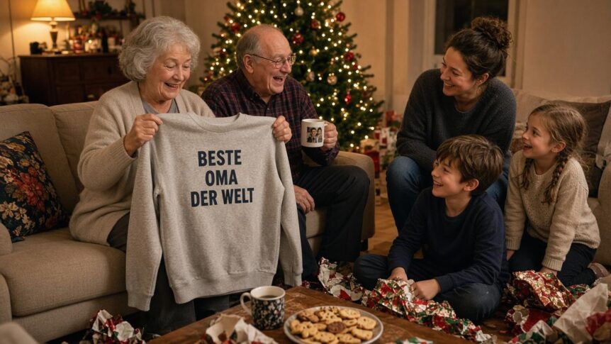 Großmutter um die 70 mit kurzen grauen Haaren hält zu Weihnachten im gemütlichen Wohnzimmer ein grau meliertes Sweatshirt mit dem Aufdruck BESTE OMA DER WELT hoch, daneben lacht der Großvater mit Brille und weißer Fototasse, zwei Enkelkinder und ihre Mutter schauen zu